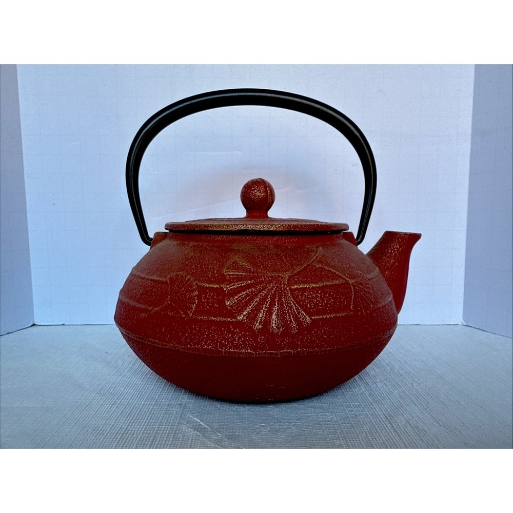 Japanese Tetsubin Cast Iron Teapot Tea Kettle Pot‎ Red Made In Japan Leaf Design